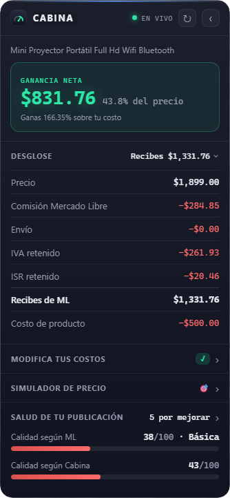 Panel de Cabina mostrando la ganancia neta de una publicación