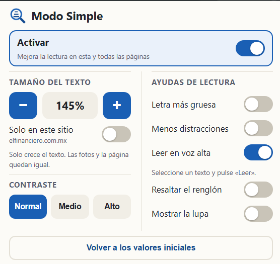 Panel de Modo Simple con el tamaño del texto, contraste y ayudas de lectura